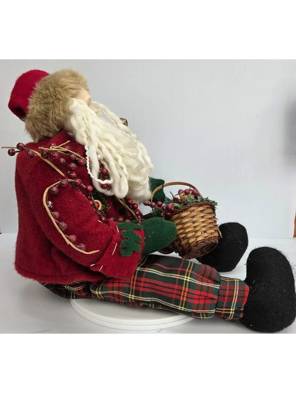 Vintage Christmas Santa Claus Shelf Sitter Doll Plaid Outfit Basket Rustic Decor